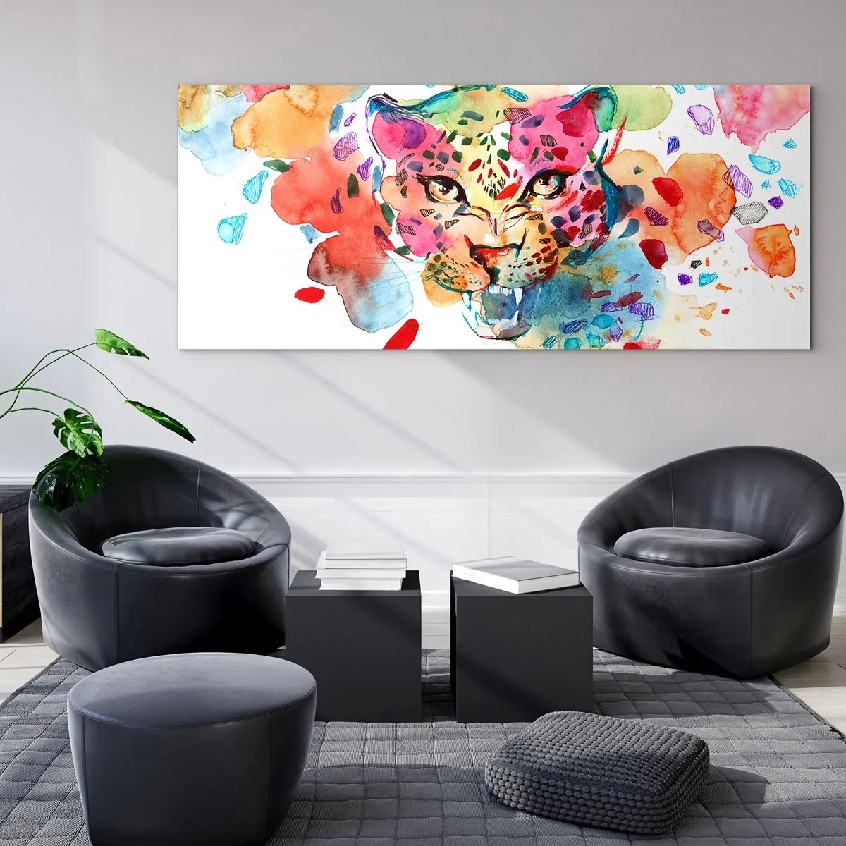 Impression sur verre - Image sur verre - Portrait abstrait d'un léopard aux couleurs intenses - 140x50cm - La belle et la Bête - Décoration murale moderne pour le salon et la chambre ARTTOR
