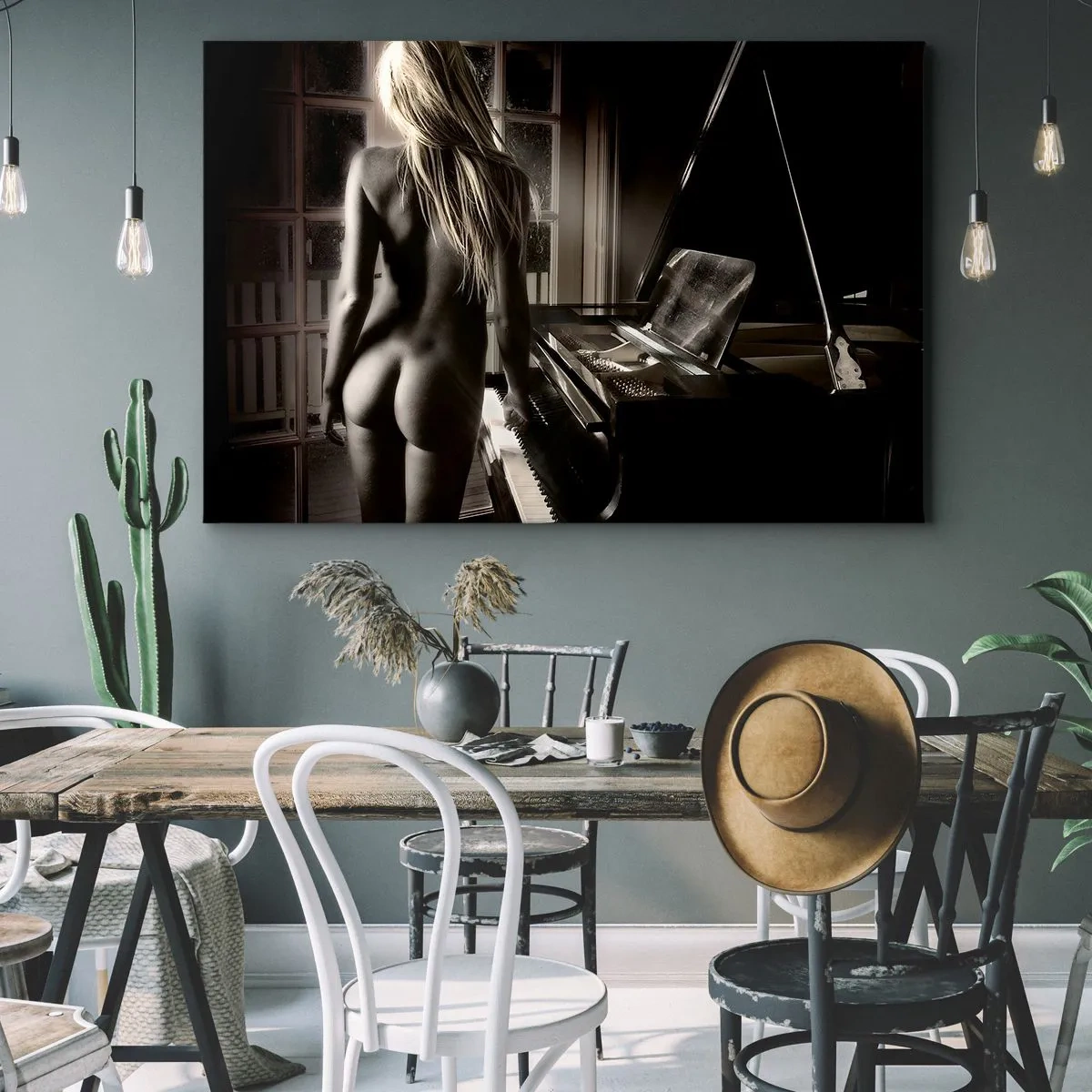 Impression sur toile - Image sur toile - Nu féminin au piano en noir et blanc - 120x80cm - Harmonie parfaite du soir - Décoration murale moderne pour le salon et la chambre ARTTOR