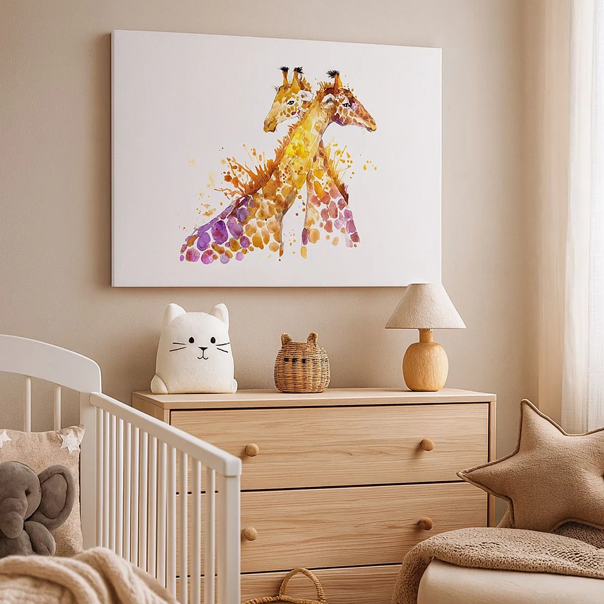 Impression sur toile - Image sur toile - Girafes à l'aquarelle aux tons colorés - 70x50cm - Est-ce de l'amitié ou de l'amour? - Décoration murale moderne pour le salon et la chambre ARTTOR