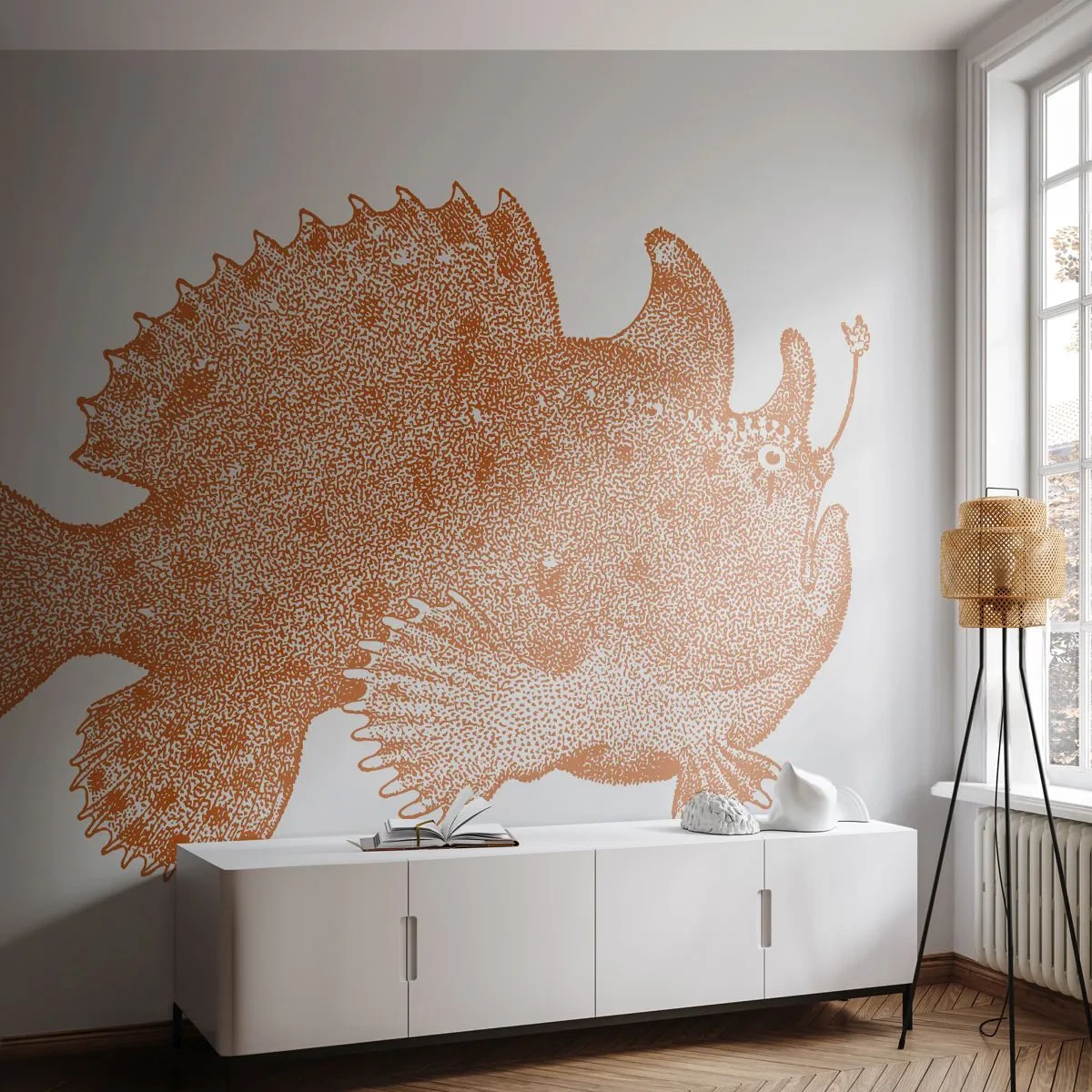 Papier Peint Photo Premium Sand - Illustration détaillée d'un poisson dans un style graphique sépia - 100x70cm - Et pourtant un poisson - Décoration murale moderne pour le salon et la chambre ARTTOR