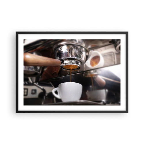 Affiche dans un cadre noir - Poster - Gros plan d'une machine à café préparant un expresso frais - 70x50cm - Bon moment de la journée - Décoration murale moderne pour le salon et la chambre ARTTOR