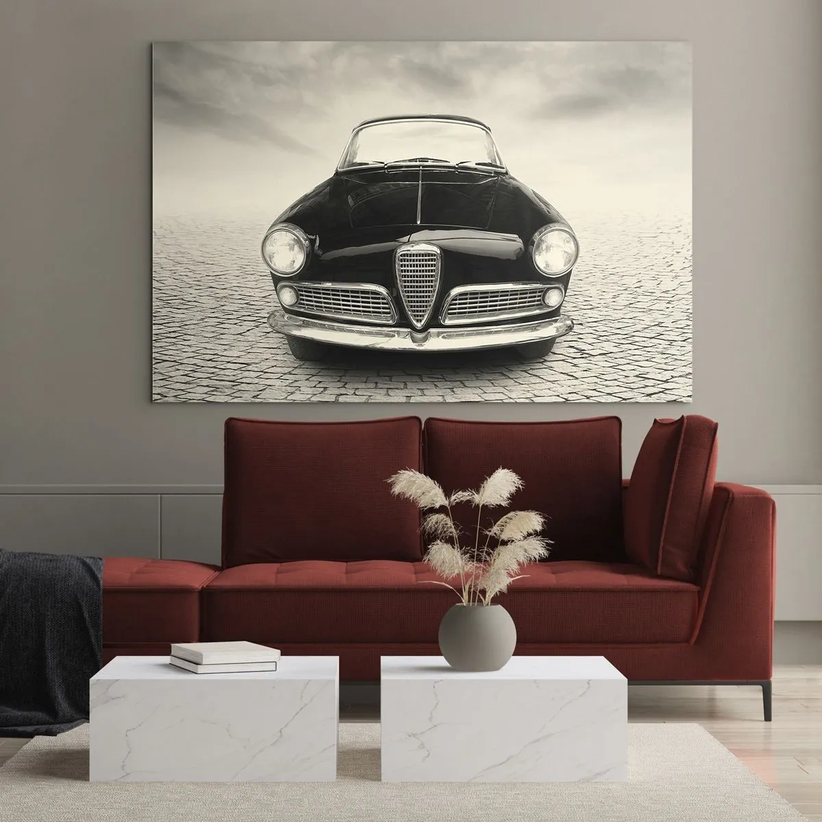 Impression sur verre - Image sur verre - Voiture classique sur une route pavée en noir et blanc - 120x80cm - Et alors! Tu ne m'aime pas? - Décoration murale moderne pour le salon et la chambre ARTTOR