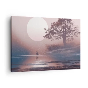 Impression sur toile - Image sur toile - Scène romantique avec la lune et un arbre au bord de l'eau - 70x50cm - Merveilles de la nuit - Décoration murale moderne pour le salon et la chambre ARTTOR