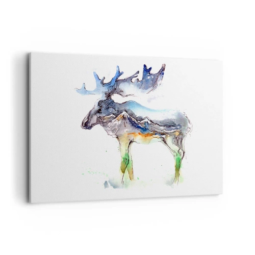 Impression sur toile - Image sur toile - Silhouette aquarelle d'un élan avec un paysage de montagne - 120x80cm - Le héros d'un conte d'hiver - Décoration murale moderne pour le salon et la chambre ARTTOR