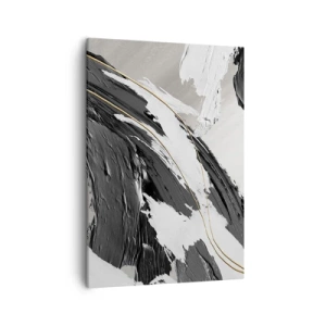 Impression sur toile - Image sur toile - Coups de pinceau noirs et blancs avec une subtile touche dorée - 50x70cm - L'abstraction à grande échelle - Décoration murale moderne pour le salon et la chambre ARTTOR