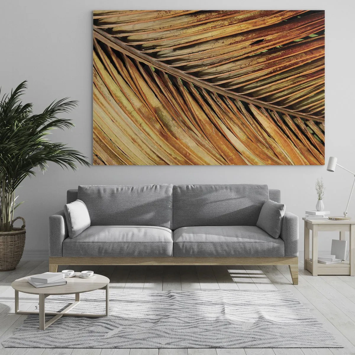 Impression sur verre - Image sur verre - Gros plan de feuilles de palmier sèches et dorées - 70x50cm - Or de noix de coco - Décoration murale moderne pour le salon et la chambre ARTTOR