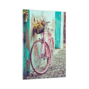 Impression sur verre - Image sur verre - Un vélo rose près d'une porte turquoise - 80x120cm - Je reviens tout de suite - Décoration murale moderne pour le salon et la chambre ARTTOR