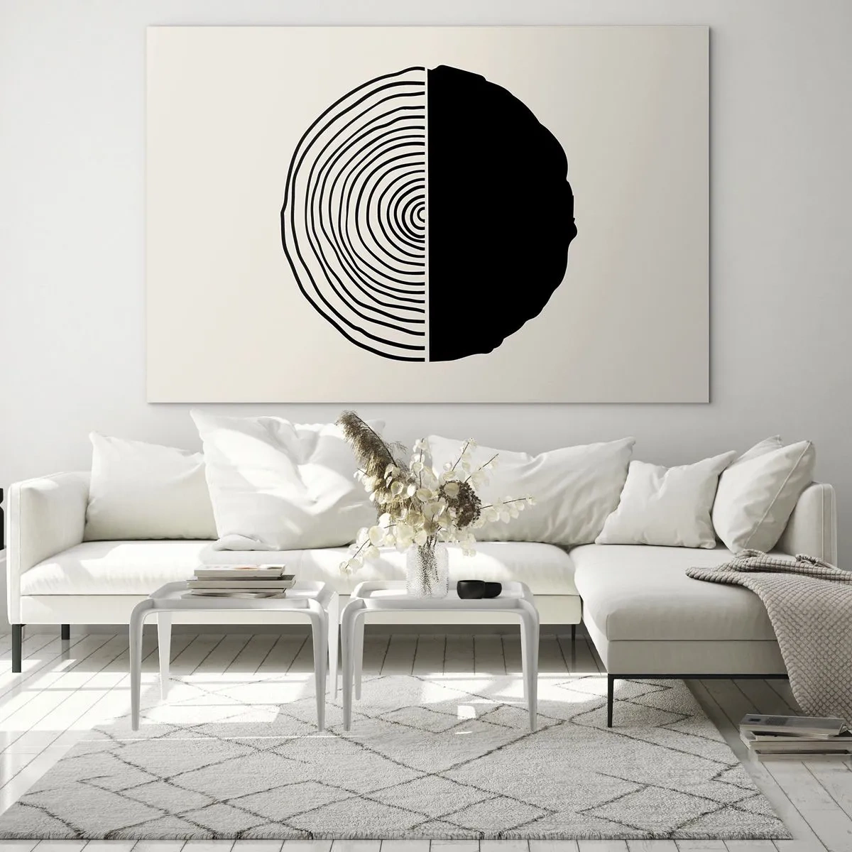 Impression sur verre - Image sur verre - Un graphique minimaliste d'une coupe transversale d'un tronc d'arbre en deux moitiés. - 120x80cm - Moitié-moitié - Décoration murale moderne pour le salon et la chambre ARTTOR