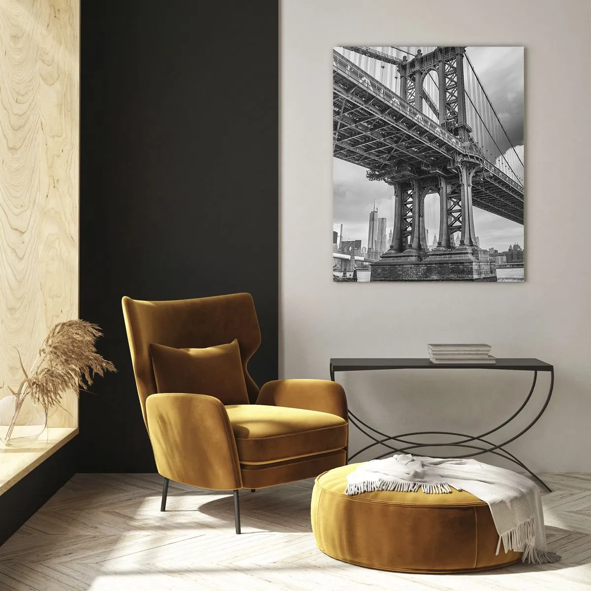 Impression sur verre - Image sur verre - Un pont en noir et blanc avec vue sur la ville - 80x120cm - Au coeur de la ville - Décoration murale moderne pour le salon et la chambre ARTTOR