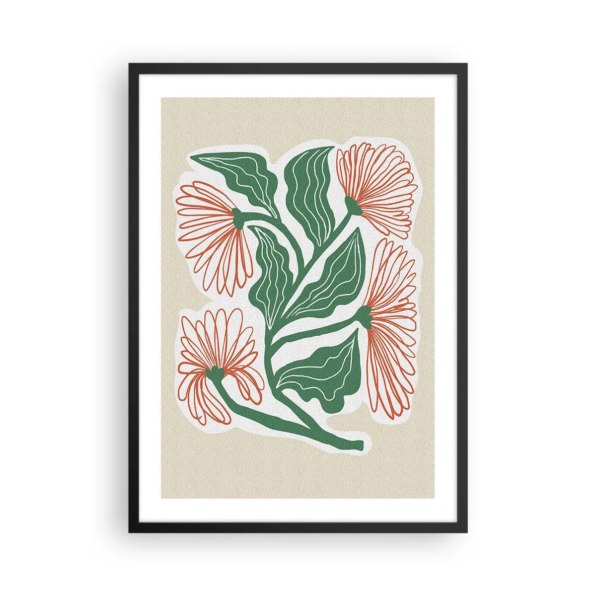 Affiche dans un cadre noir - Poster - Motif abstrait de fleurs et de feuilles sur fond beige - 50x70cm - Folk et moderne - Décoration murale moderne pour le salon et la chambre ARTTOR