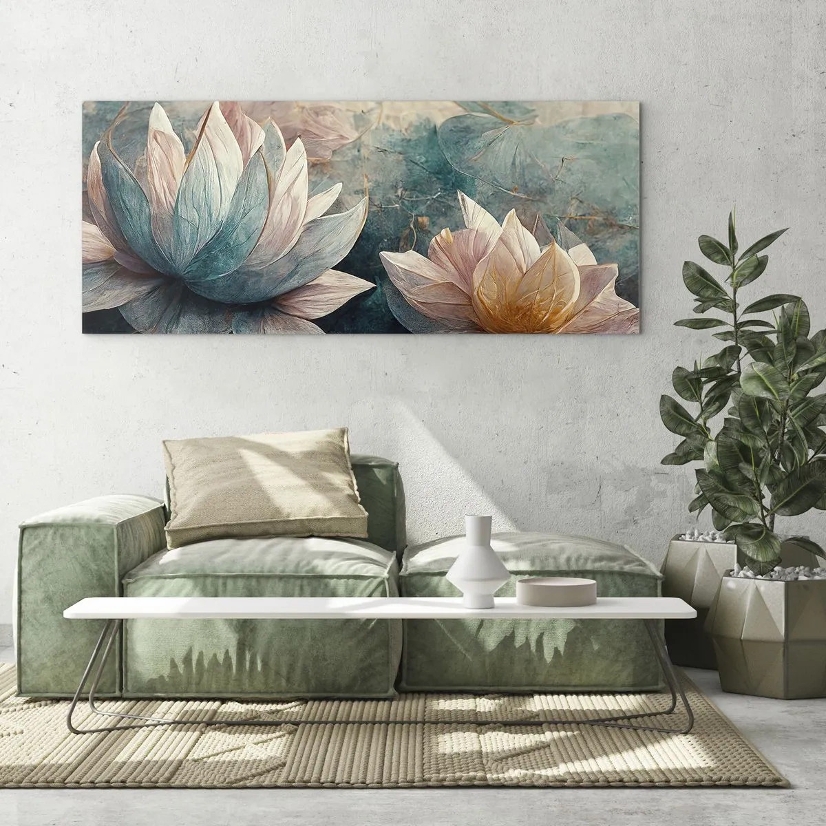 Impression sur verre - Image sur verre - De subtils nénuphars aux tons pastel de bleu et d'or - 160x50cm - Les étoiles du lac - Décoration murale moderne pour le salon et la chambre ARTTOR