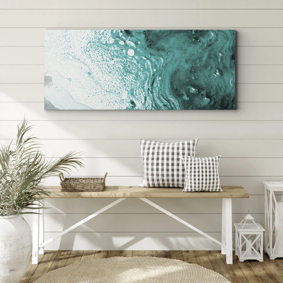 Impression sur toile - Image sur toile - Composition abstraite dans des tons turquoise sur fond blanc - 140x50cm - Se fondre dans le bleu et le turquoise - Décoration murale moderne pour le salon et la chambre ARTTOR