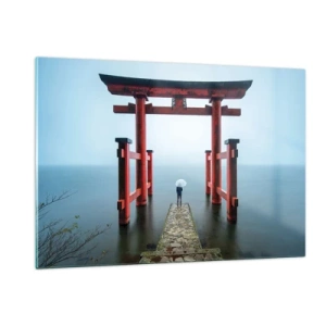 Impression sur verre - Image sur verre - Un torii rouge sur une eau calme dans un décor brumeux - 120x80cm - Rêverie japonnaise - Décoration murale moderne pour le salon et la chambre ARTTOR