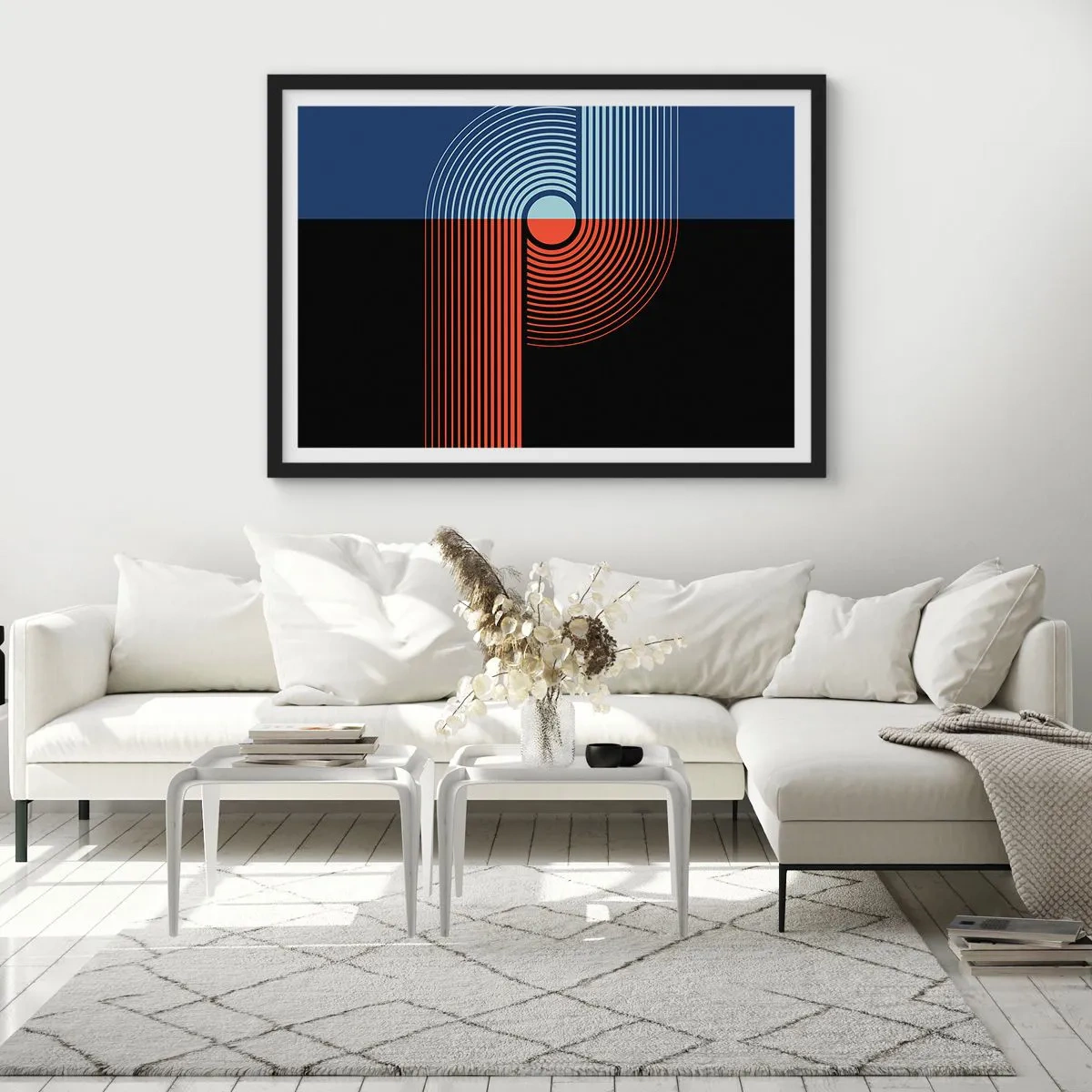 Affiche dans un cadre noir - Poster - Abstraction géométrique avec des lignes bleu marine et orange. - 100x70cm - Dans une étreinte géométrique - Décoration murale moderne pour le salon et la chambre ARTTOR