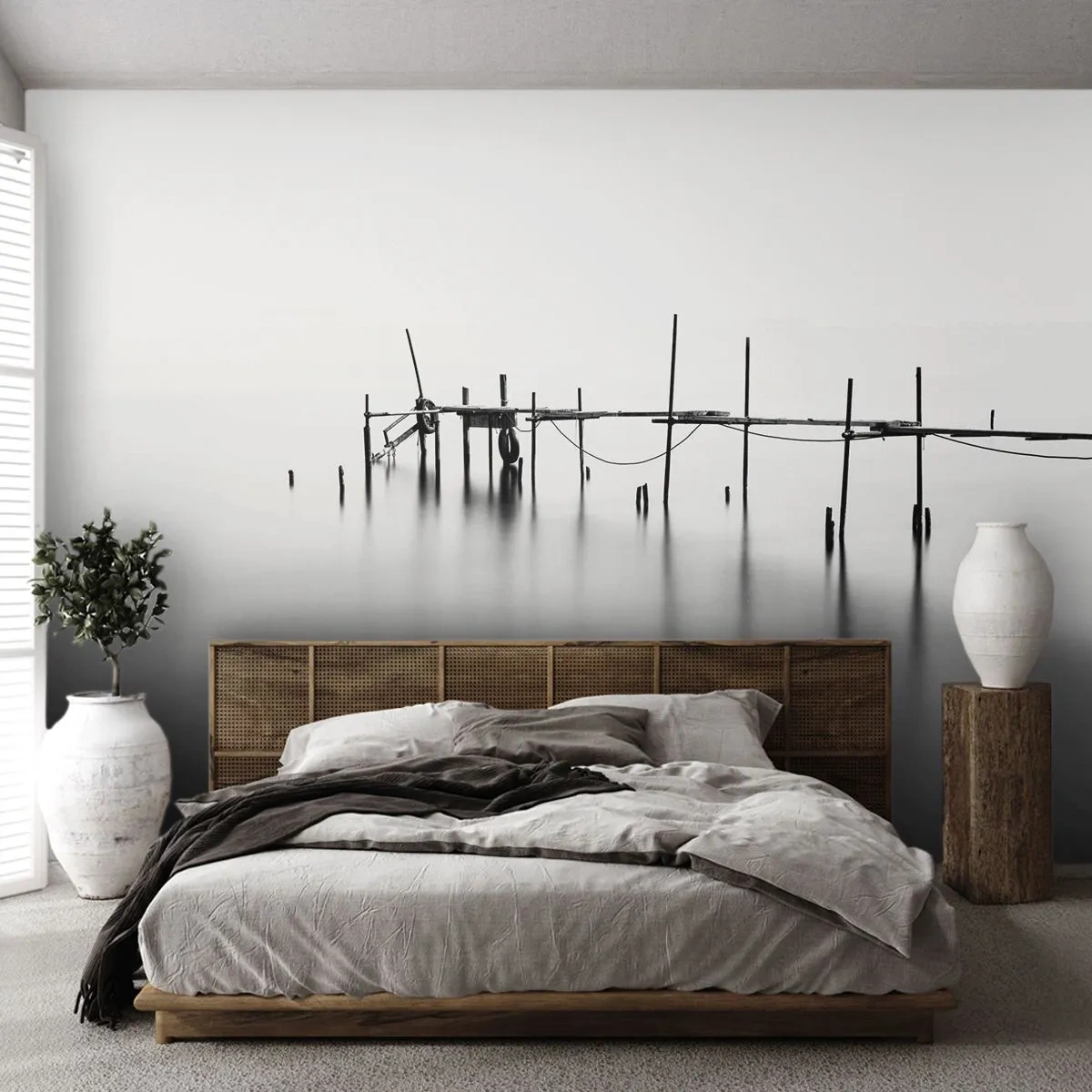 Papier Peint Autocollant Deluxe Sticker - Et s'il n'y avait pas de monde ? - Paysage, Pont de bois, Noir et blanc - 250x175 cm