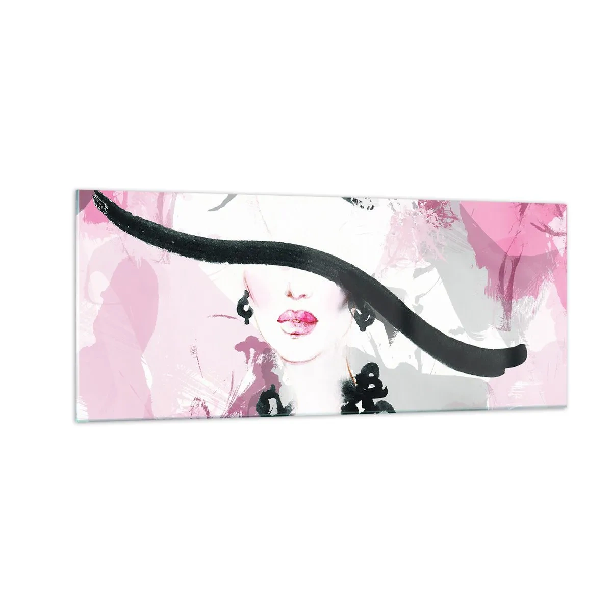 Impression sur verre - Image sur verre - Portrait d'une dame en noir et rose - 100x40 cm