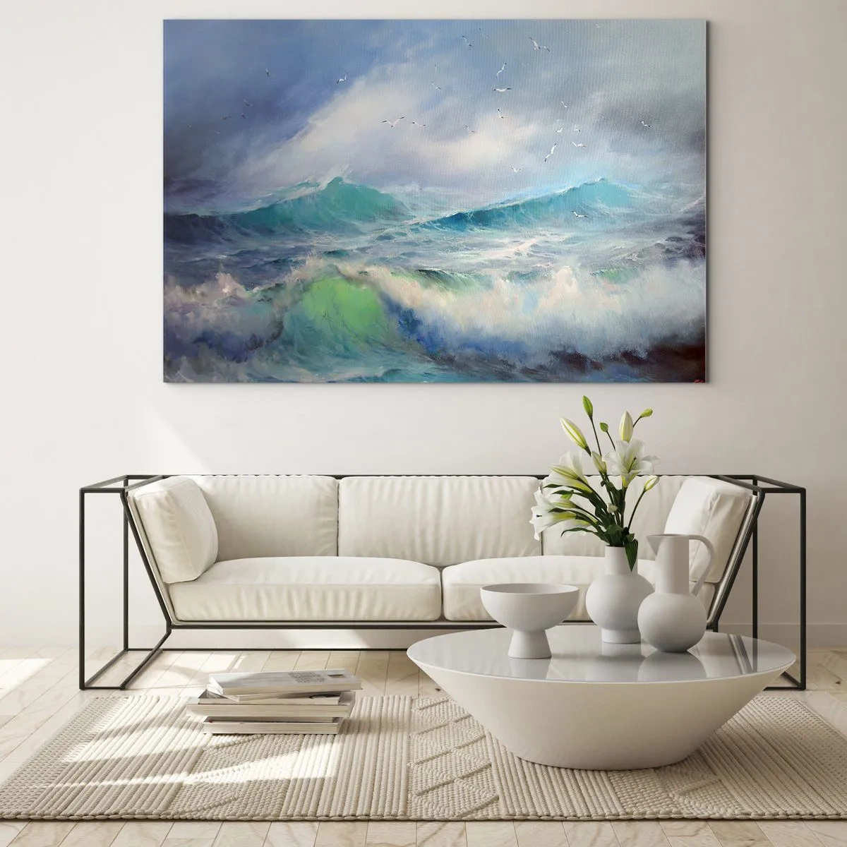 Impression sur verre - Image sur verre - Vagues océaniques agitées avec des oiseaux dans un ciel nuageux - 70x50cm - "Le tourbillon hurlait de triomphe..." - Décoration murale moderne pour le salon et la chambre ARTTOR