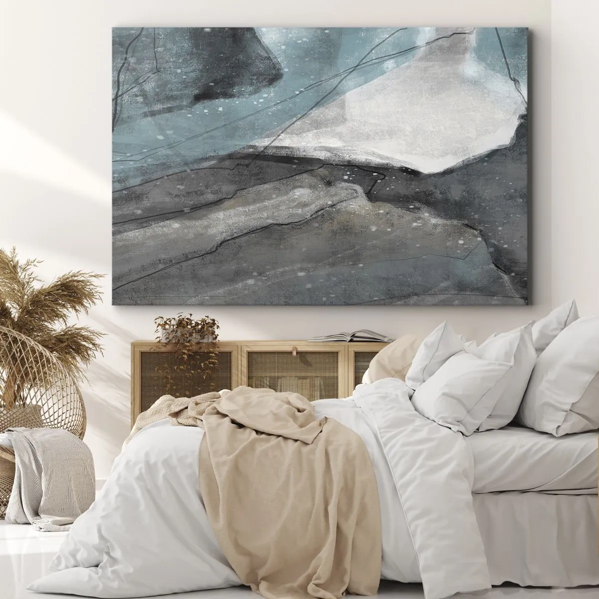 Impression sur toile - Image sur toile - Composition abstraite dans les tons de gris et de bleu - 70x50cm - Résumé : roches et glace - Décoration murale moderne pour le salon et la chambre ARTTOR