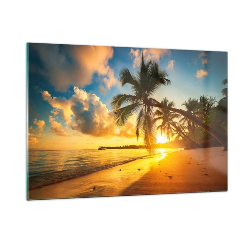 Impression sur verre - Image sur verre - Plage tropicale avec palmiers au coucher du soleil - 120x80cm - Rêve caribéen - Décoration murale moderne pour le salon et la chambre ARTTOR