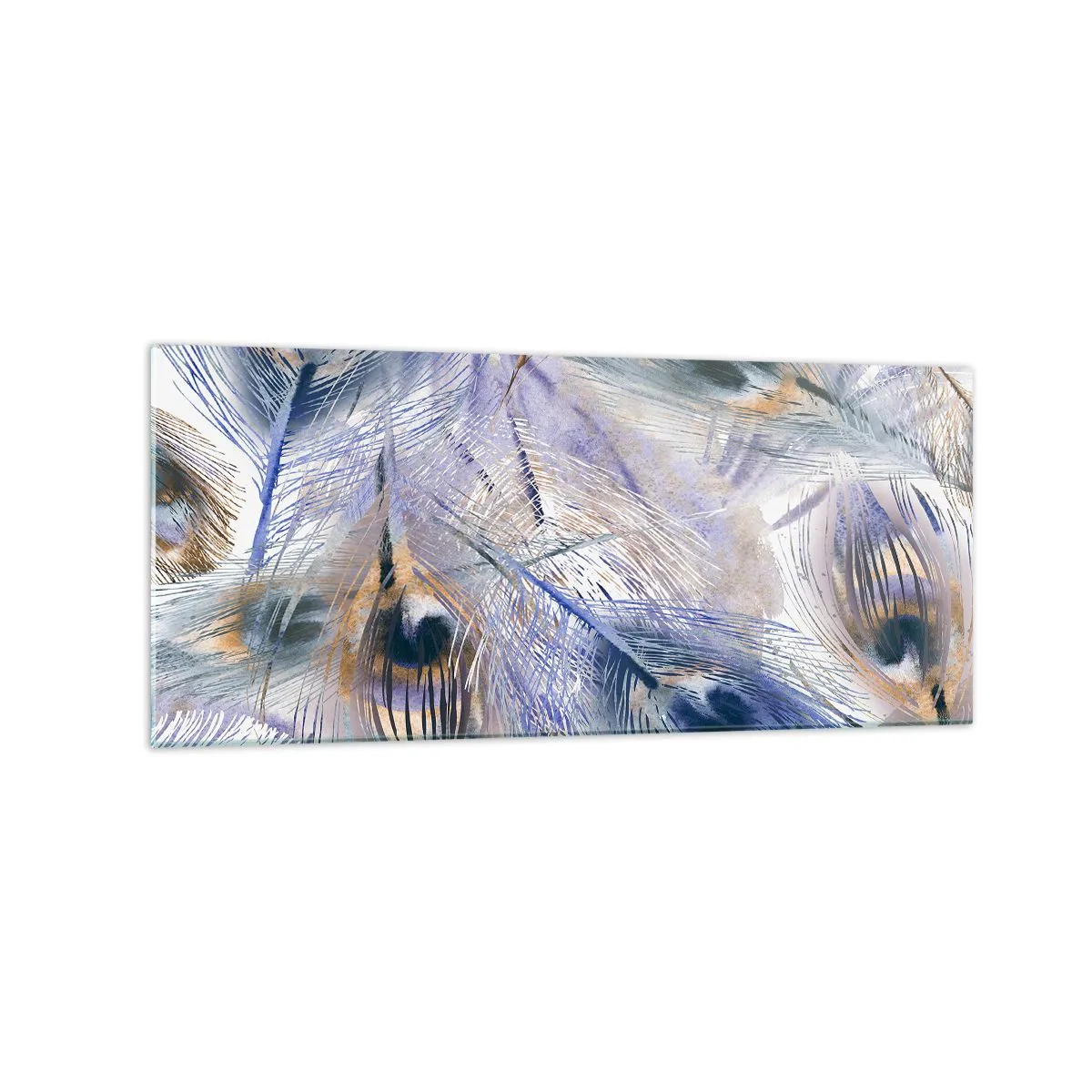 Impression sur verre - Image sur verre - Un motif avec des plumes de paon dans des tons de bleu et d'or - 120x50cm - Composition de paon - Décoration murale moderne pour le salon et la chambre ARTTOR