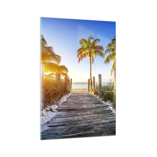Impression sur verre - Image sur verre - Chemin en bois sur la plage avec des palmiers en arrière-plan - 70x100cm - Directement au paradis - Décoration murale moderne pour le salon et la chambre ARTTOR