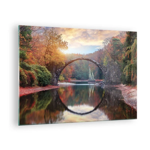 Impression sur verre - Image sur verre - Un pont de pierre se reflétant dans un lac au milieu d'une forêt d'automne - 70x50cm - De l'autre cote du miroir - Décoration murale moderne pour le salon et la chambre ARTTOR