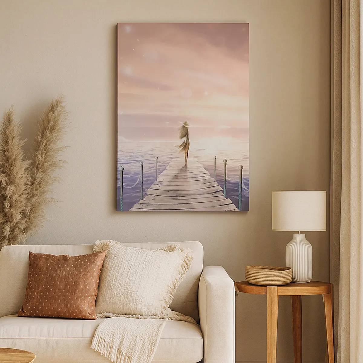 Impression sur toile - Image sur toile - Une femme sur une jetée dans un décor de coucher de soleil magique - 50x70cm - A la lumière d'un rêve - Décoration murale moderne pour le salon et la chambre ARTTOR