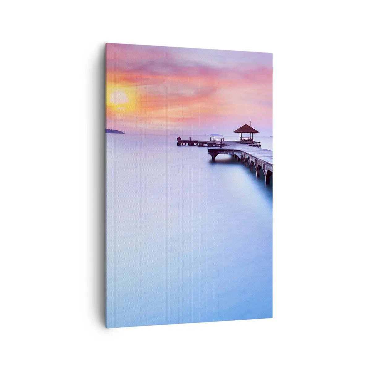 Impression sur toile - Image sur toile - Jetée en bois donnant sur l'eau au coucher du soleil - 80x120cm - Une mer de calme jusqu'à l'horizon - Décoration murale moderne pour le salon et la chambre ARTTOR