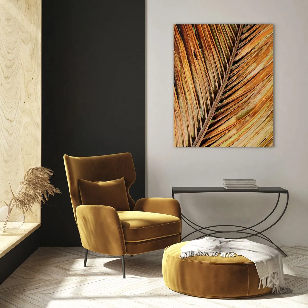 Impression sur verre - Image sur verre - Gros plan d'une feuille de palmier sèche aux tons chauds - 70x100cm - Or de noix de coco - Décoration murale moderne pour le salon et la chambre ARTTOR