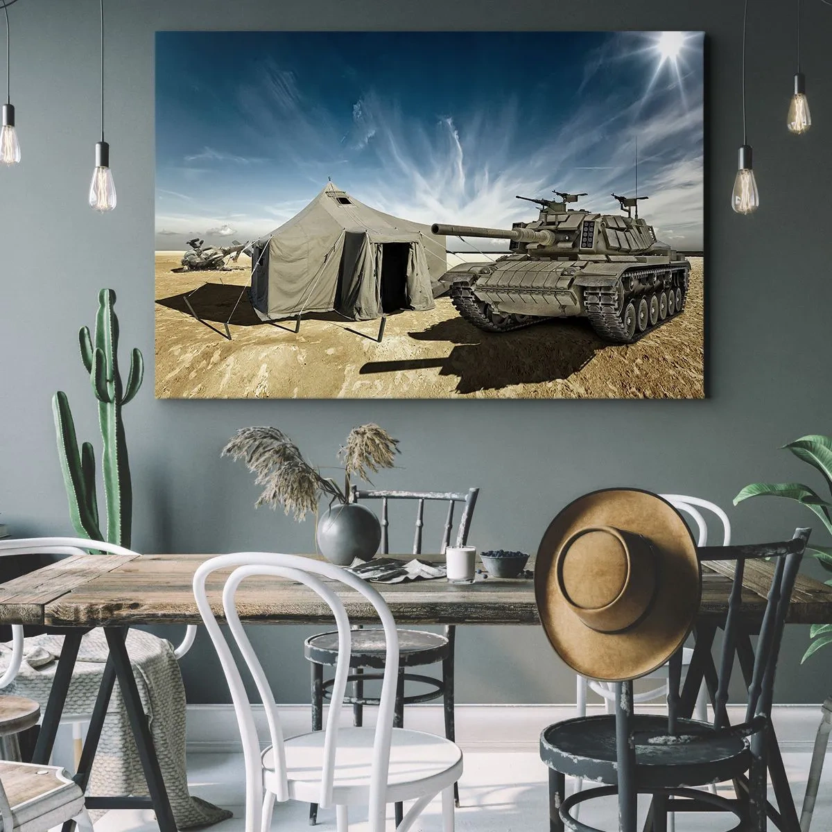 Impression sur toile - Image sur toile - Un char à côté d'une tente militaire dans une zone désertique - 120x80cm - Un rêve militaire - Décoration murale moderne pour le salon et la chambre ARTTOR