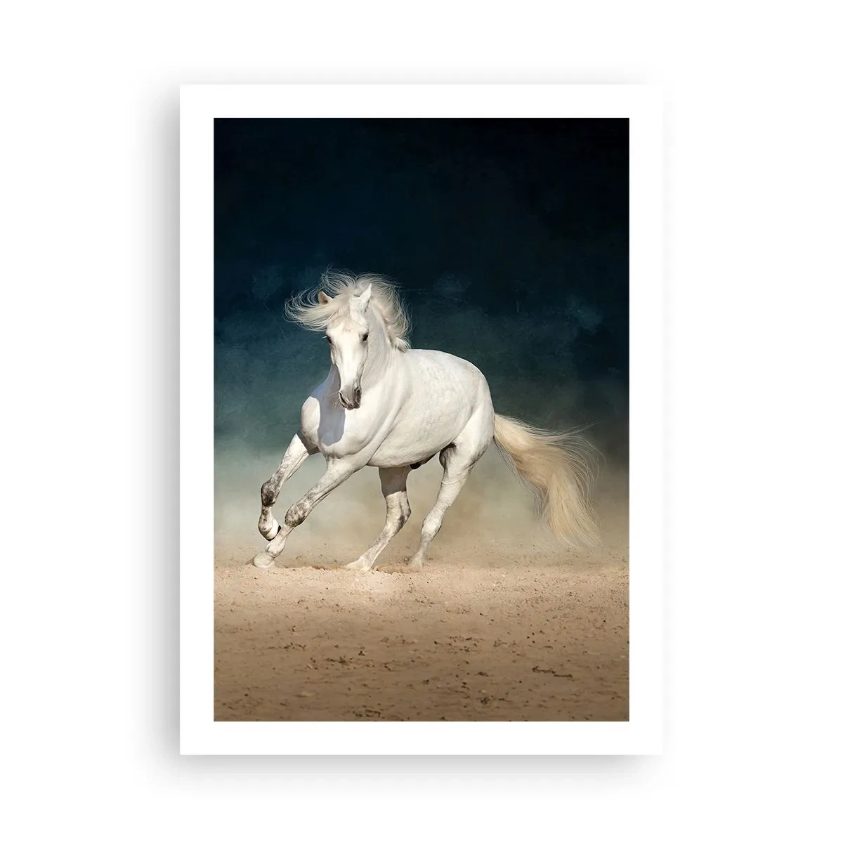 Affiche - Poster - Un cheval blanc galopant sur le sol sablonneux - 50x70cm - La liberté à l'état pur - Décoration murale moderne pour le salon et la chambre ARTTOR
