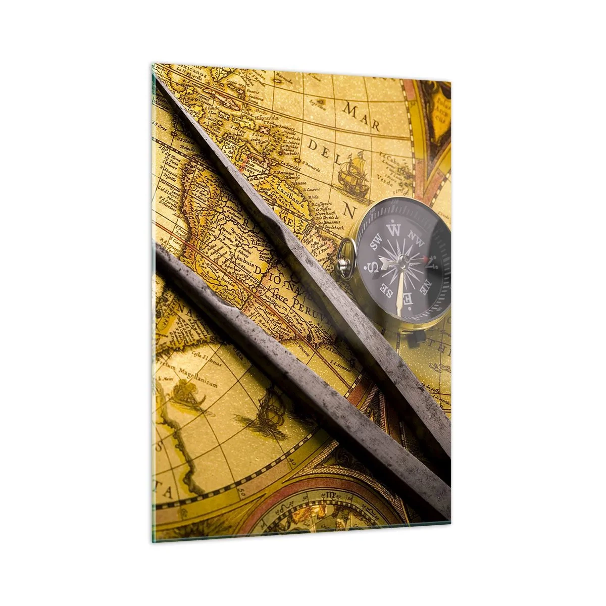 Impression sur verre - Image sur verre - Ancienne carte avec boussole et compas - 50x70cm - Où sont ces trésors? - Décoration murale moderne pour le salon et la chambre ARTTOR