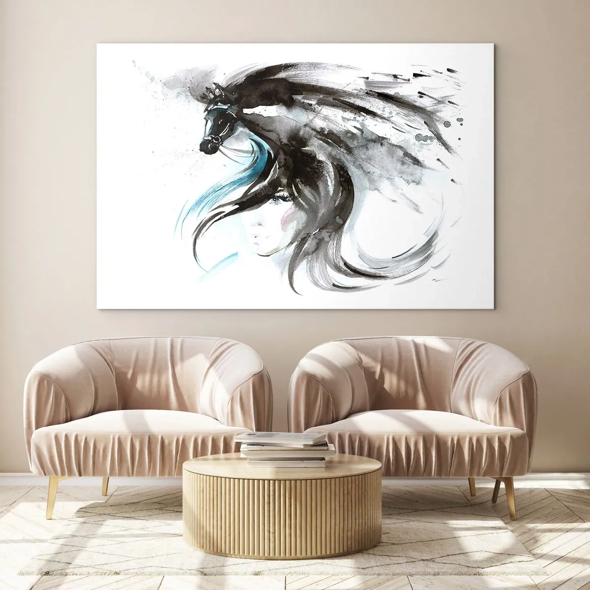 Impression sur verre - Image sur verre - Portrait d'une femme et d'un cheval dans une composition artistique et dynamique - 100x70cm - Galop du prince noir - Décoration murale moderne pour le salon et la chambre ARTTOR