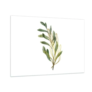 Impression sur verre - Image sur verre - Une branche verte avec un délicat accent doré - 100x70cm - Tout ce qui est bon - Décoration murale moderne pour le salon et la chambre ARTTOR