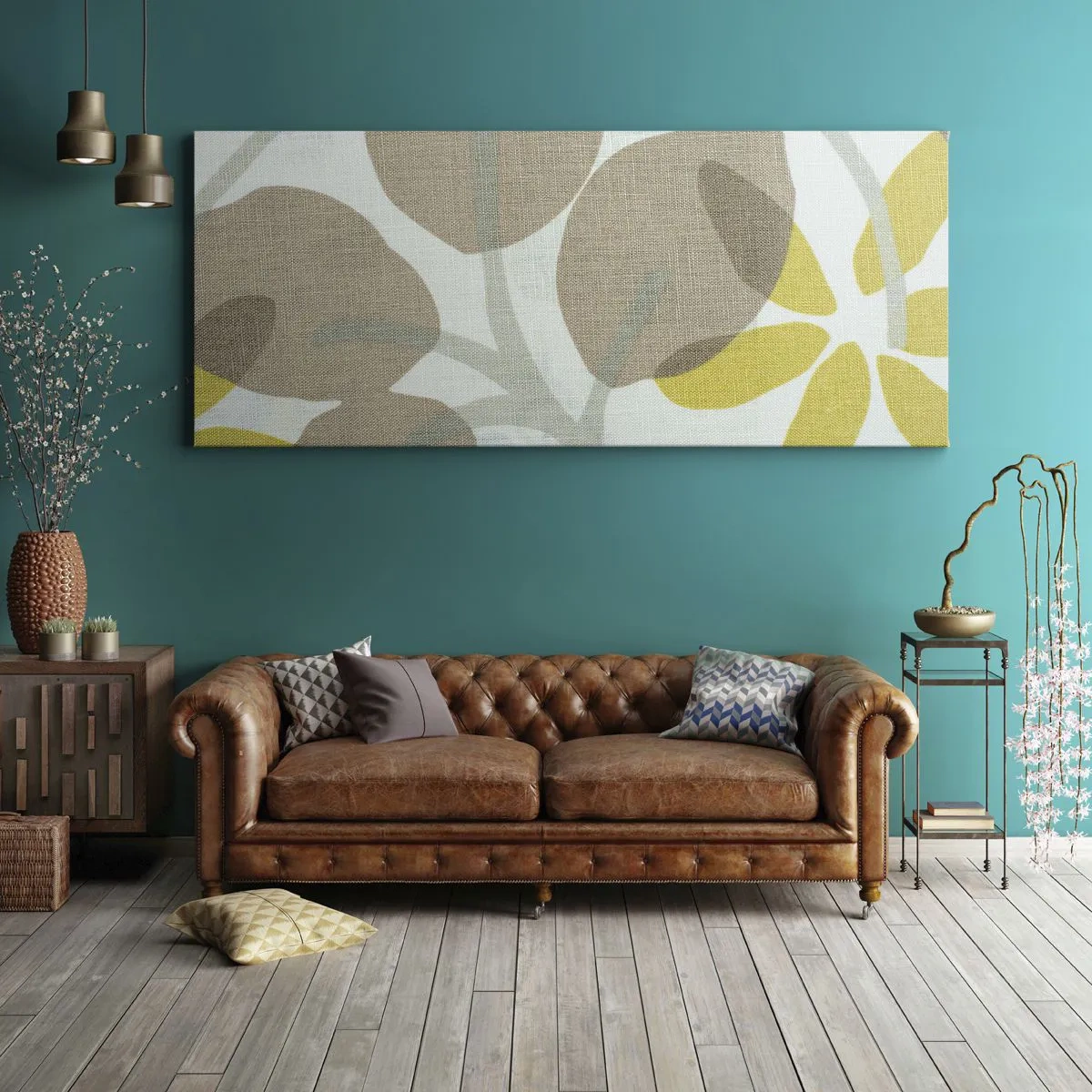 Impression sur toile - Image sur toile - Feuilles abstraites dans les tons beige et jaune - 120x50cm - Composition en plein soleil - Décoration murale moderne pour le salon et la chambre ARTTOR