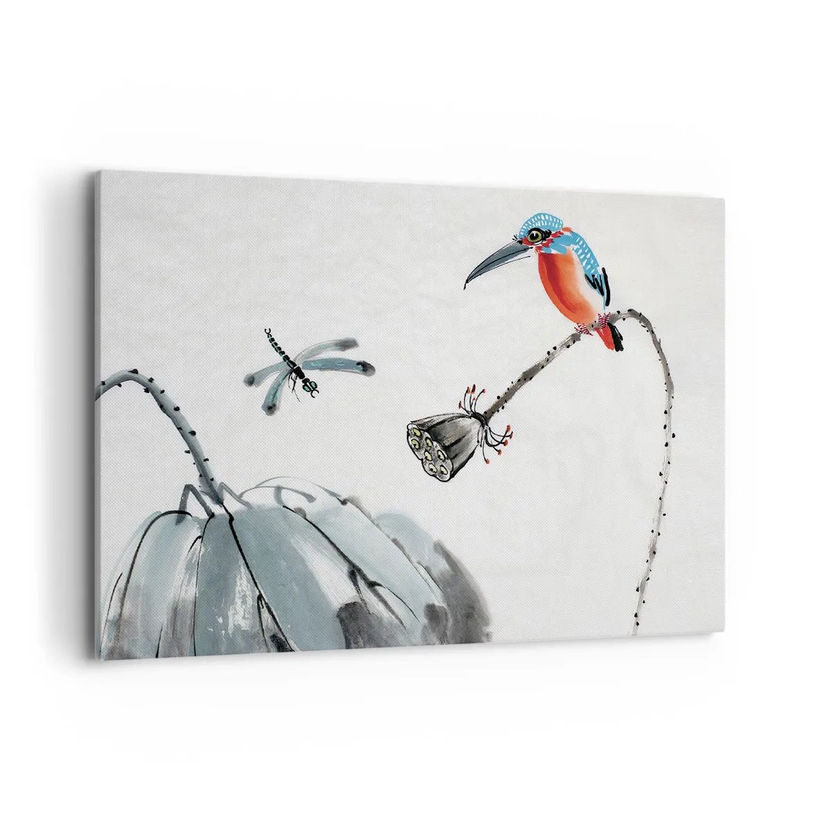 Impression sur toile - Image sur toile - Un oiseau coloré sur fond de végétation et une libellule - 100x70cm - La vie du champ - Décoration murale moderne pour le salon et la chambre ARTTOR