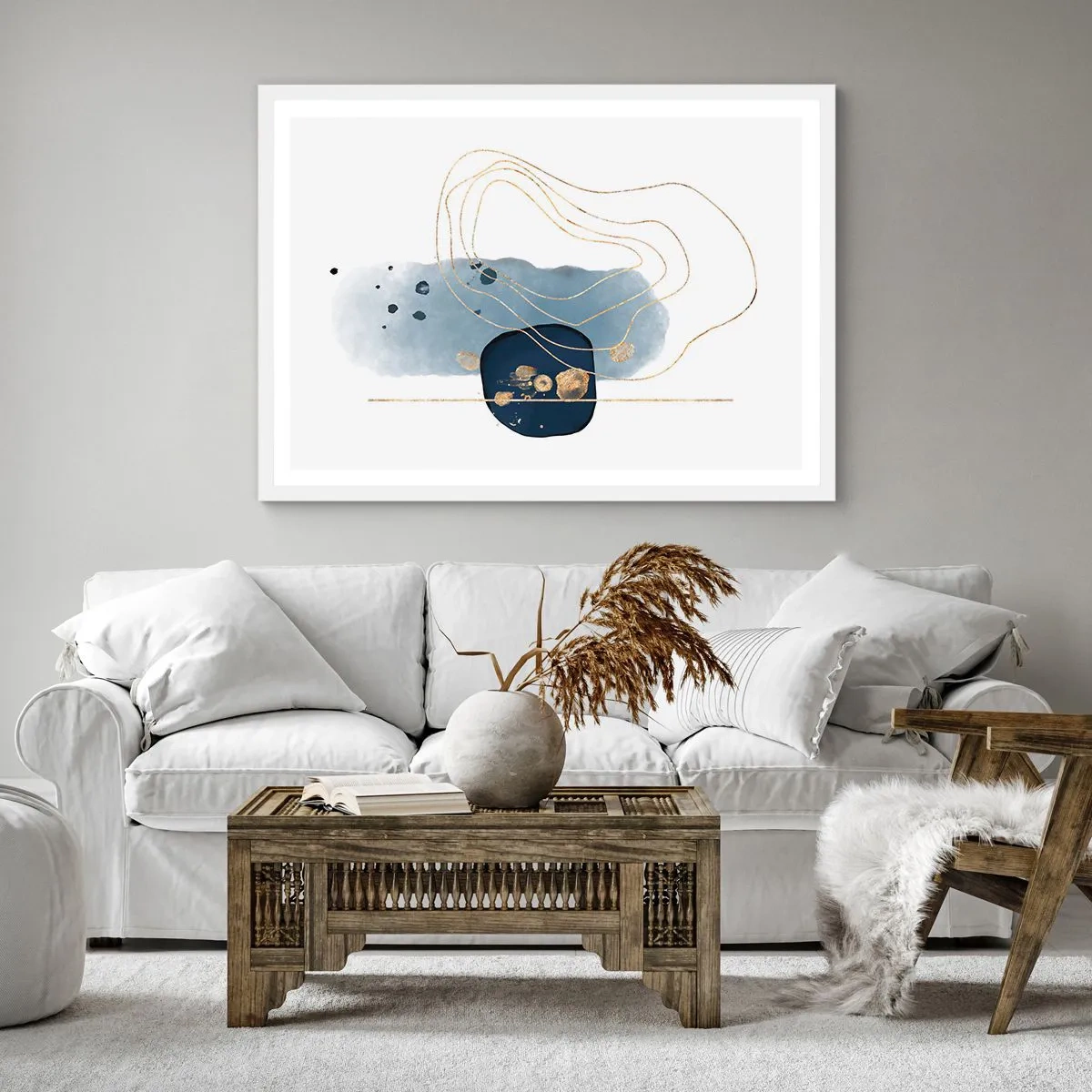 Affiche dans un cadre blanc - Poster - Fantaisie bleu et or - 40x40 cm