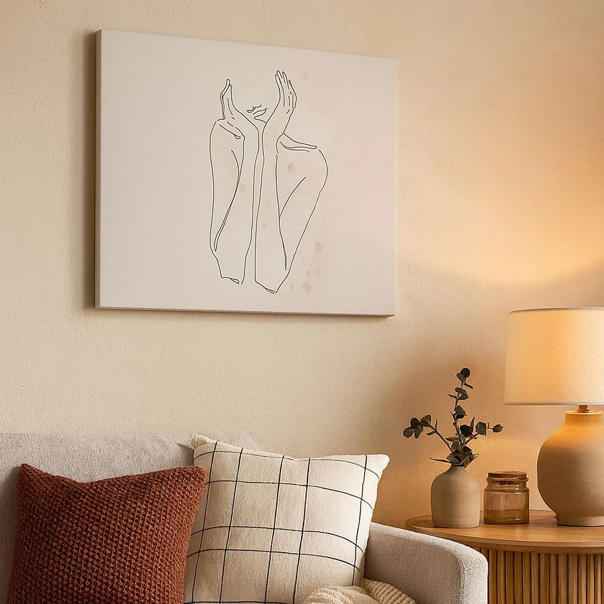 Impression sur toile - Image sur toile - Ligne de contour montrant les mains d'une femme sur un fond clair - 70x50cm - Instant de rêve - Décoration murale moderne pour le salon et la chambre ARTTOR