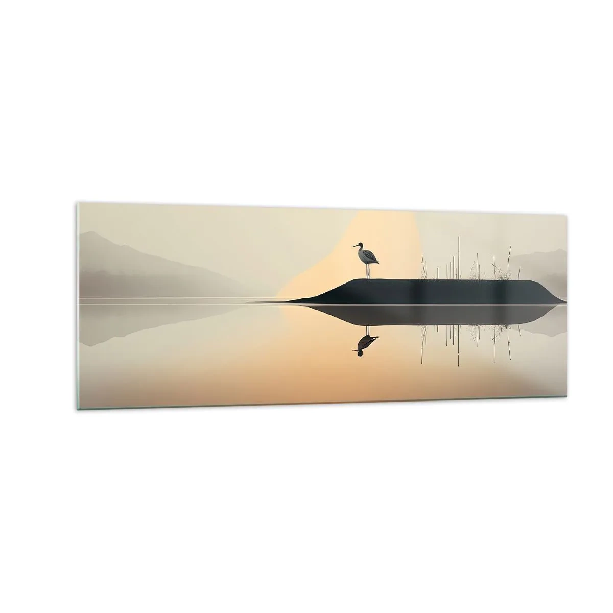 Impression sur verre - Image sur verre - Un oiseau sur une île dans un lac calme aux teintes chaudes - 140x50cm - Le seigneur du lac - Décoration murale moderne pour le salon et la chambre ARTTOR