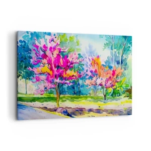 Impression sur toile - Image sur toile - Arbres colorés dans un parc dans un style aquarelle - 120x80cm - Jardin arc-en-ciel à la lumière du printemps - Décoration murale moderne pour le salon et la chambre ARTTOR