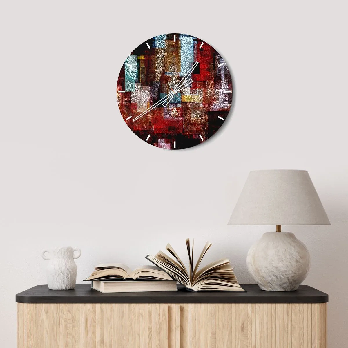Horloge murale - Pendule murale - Compositions abstraites dans les tons de rouge et d'or avec un motif géométrique - 30x30cm - Mélange de confusions - Décoration murale moderne pour le salon, la cuisine et la chambre ARTTOR