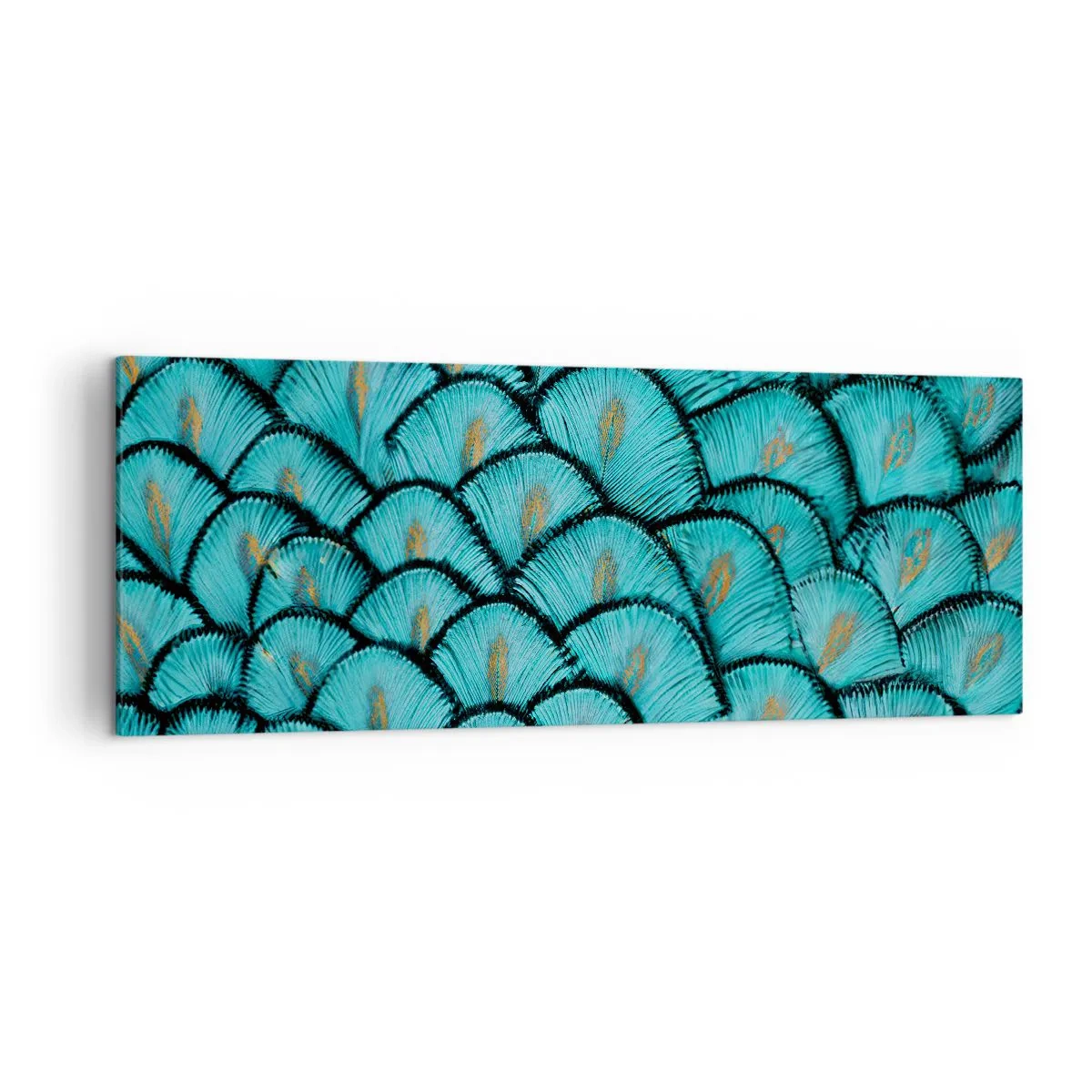 Impression sur toile - Image sur toile - Un motif ressemblant à des écailles turquoise avec des accents dorés - 140x50cm - Le grand gala des plumes - Décoration murale moderne pour le salon et la chambre ARTTOR