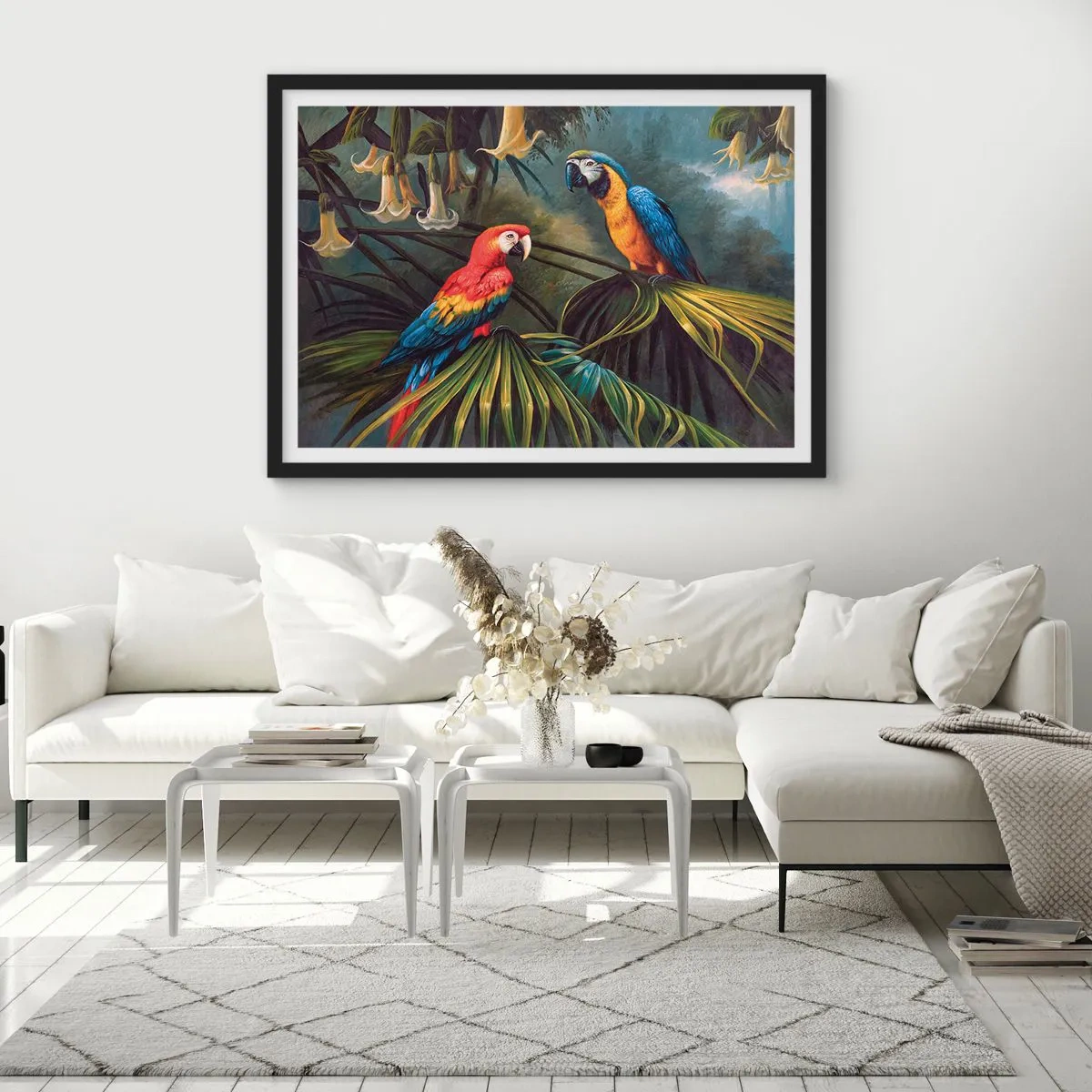 Affiche dans un cadre noir - Poster - Perroquets dans une forêt tropicale avec des fleurs exotiques en arrière-plan - 70x50cm - Romantisme dans les tropiques - Décoration murale moderne pour le salon et la chambre ARTTOR