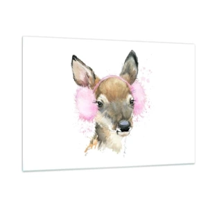 Impression sur verre - Image sur verre - Un cerf avec des cache-oreilles en fourrure rose - 120x80cm - Et le gel n'effraie plus - Décoration murale moderne pour le salon et la chambre ARTTOR