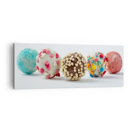 Impression sur toile - Image sur toile - Pralines colorées avec décorations sur fond blanc - 140x50cm - La vie peut être douce - Décoration murale moderne pour le salon et la chambre ARTTOR