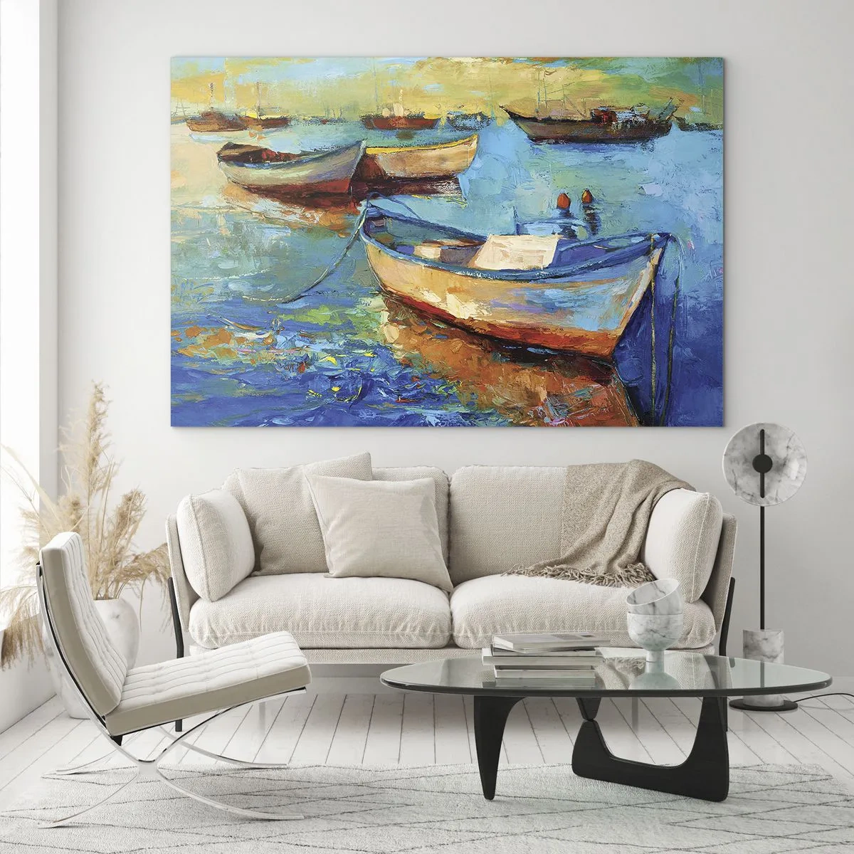 Impression sur verre - Image sur verre - Bateaux colorés sur un fond d'eau calme - 120x80cm - Dans la baie du sud - Décoration murale moderne pour le salon et la chambre ARTTOR