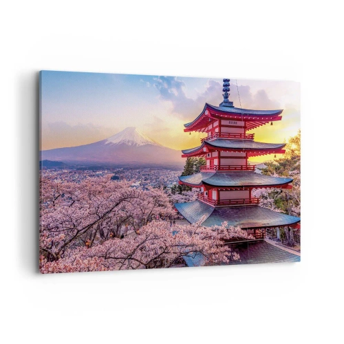 Impression sur toile - Image sur toile - Une pagode au Japon avec des cerisiers en fleurs et le mont Fuji - 120x80cm - Essence d'âme japonnaise - Décoration murale moderne pour le salon et la chambre ARTTOR