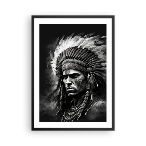 Affiche dans un cadre noir - Poster - Portrait d'un guerrier portant une coiffe de plumes traditionnelle - 50x70cm - Un leader et un guerrier - Décoration murale moderne pour le salon et la chambre ARTTOR