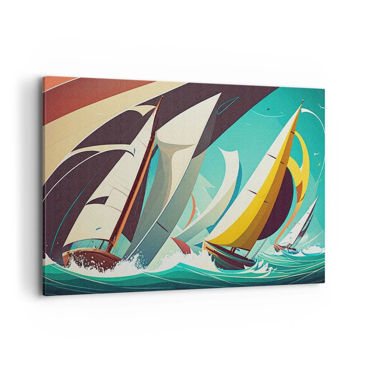 Impression sur toile - Image sur toile - Une illustration dynamique de voiliers dans une mer agitée. - 100x70cm - Bonne chance avec les éléments - Décoration murale moderne pour le salon et la chambre ARTTOR