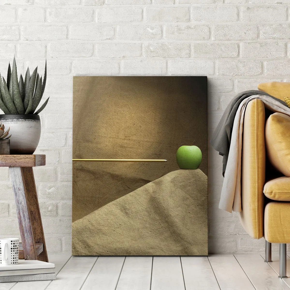 Impression sur toile - Image sur toile - Pomme verte sur tissu avec une flèche créant une composition - 80x120cm - Invoquer l'esprit de Guillaume Tell - Décoration murale moderne pour le salon et la chambre ARTTOR